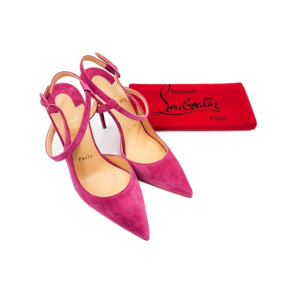 Christian Louboutin Pink Suede Slingback Cross Strap Buckle Pumps Heels EU 38 - Picture 8 of 8